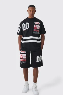 Oversized Extended Neck Boxy Applique Moto T-shirt & Short Set | BoohooMAN UK