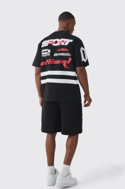 Oversized Extended Neck Boxy Applique Moto T-shirt & Short Set | BoohooMAN UK