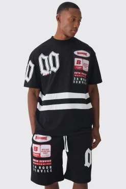 Oversized Extended Neck Boxy Applique Moto T-shirt & Short Set | BoohooMAN UK