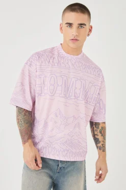 Oversized Extended Neck Boxy Homme Worldwide Mesh Print T-shirt | BoohooMAN UK