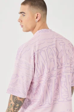 Oversized Extended Neck Boxy Homme Worldwide Mesh Print T-shirt | BoohooMAN UK