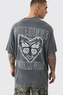Oversized Extended Neck Butterfly Heart T-shirt | BoohooMAN UK