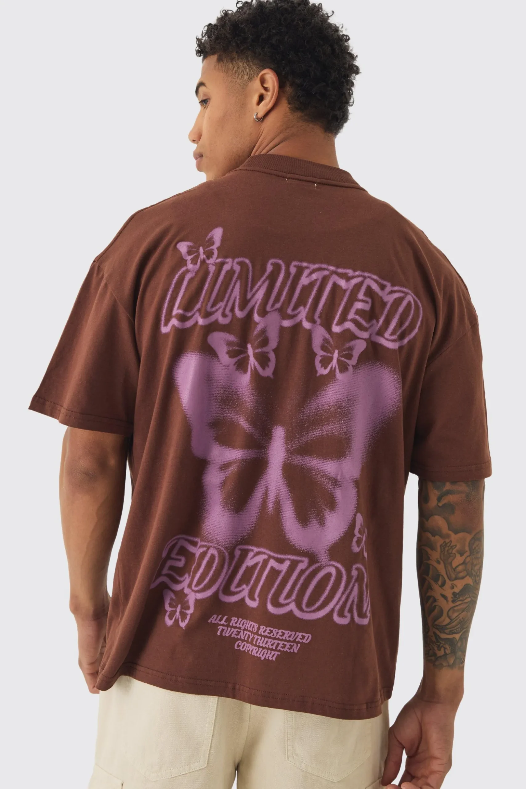 Oversized Extended Neck Blurred Butterfly Print T-shirt | BoohooMAN UK
