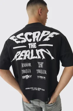 Oversized Extended Neck Boxy Escape The Reality Print T-Shirt | BoohooMAN UK