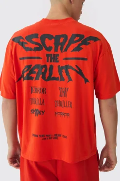 Oversized Extended Neck Boxy Escape The Reality Print T-Shirt | BoohooMAN UK