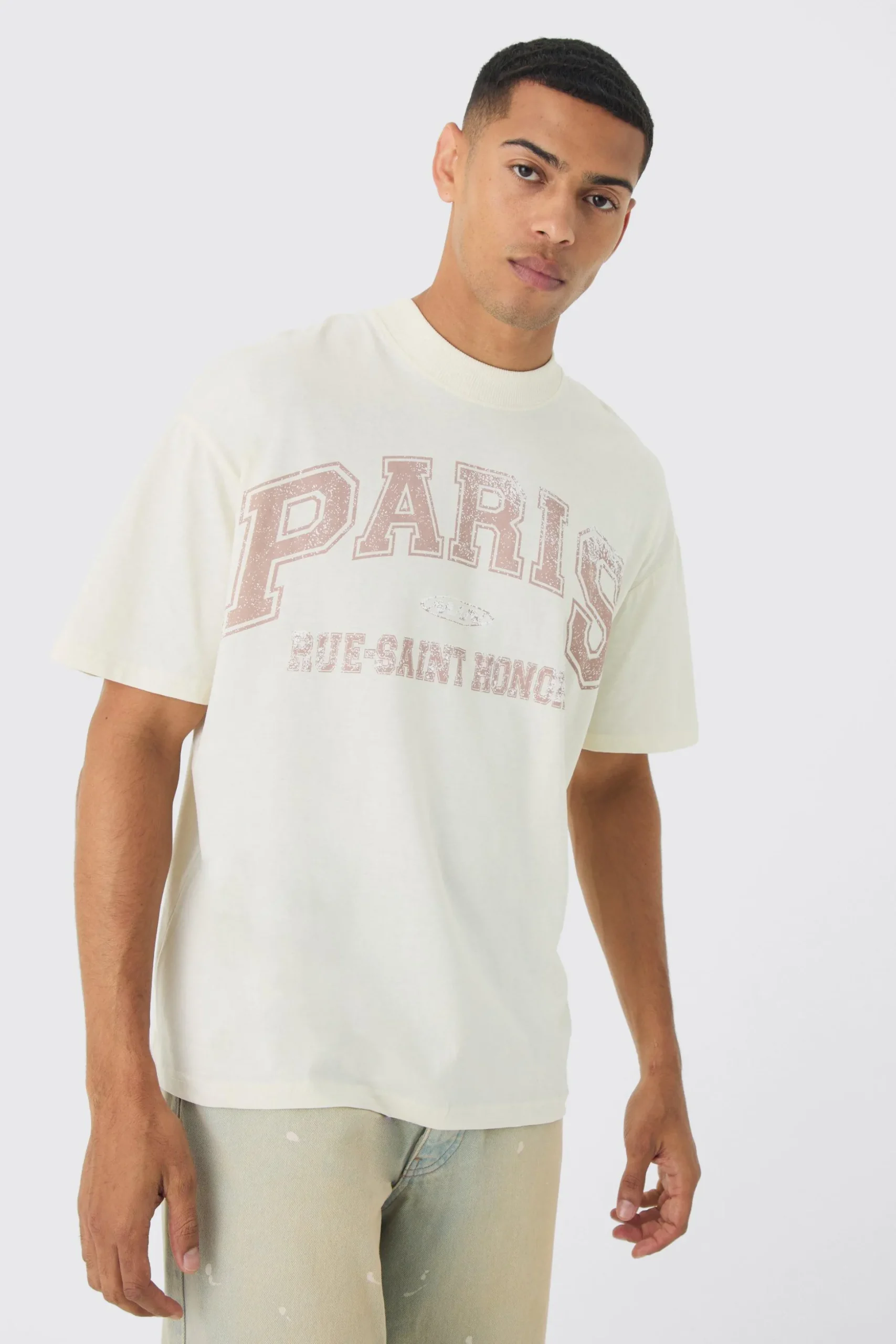 Oversized Extended Neck Boxy Paris Print T-Shirt | BoohooMAN UK