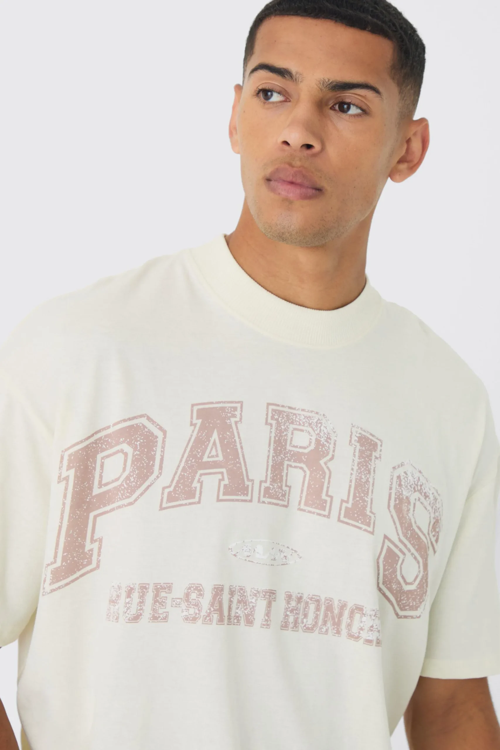 Oversized Extended Neck Boxy Paris Print T-Shirt | BoohooMAN UK