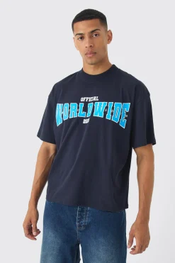 Oversized Extended Neck Boxy Worldwide Print T-Shirt | BoohooMAN UK