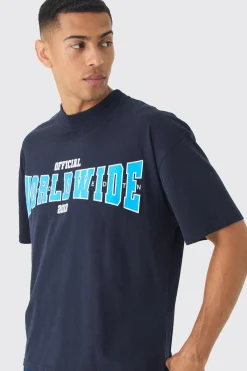 Oversized Extended Neck Boxy Worldwide Print T-Shirt | BoohooMAN UK