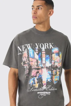 Oversized Extended Neck Boxy New York Wash Print T-Shirt | BoohooMAN UK