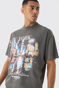 Oversized Extended Neck Boxy New York Wash Print T-Shirt | BoohooMAN UK
