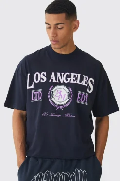 Oversized Extended Neck Boxy Los Angeles Print T-Shirt | BoohooMAN UK
