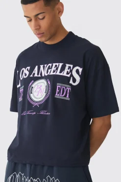Oversized Extended Neck Boxy Los Angeles Print T-Shirt | BoohooMAN UK