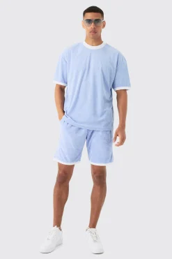 Oversized Extended Neck Contrast Towelling T-shirt & Shorts Set | BoohooMAN UK