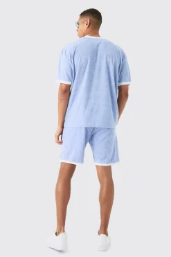 Oversized Extended Neck Contrast Towelling T-shirt & Shorts Set | BoohooMAN UK