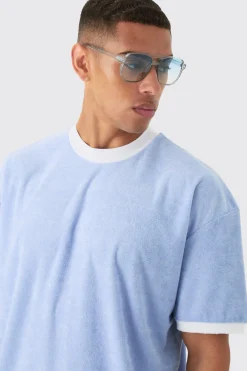 Oversized Extended Neck Contrast Towelling T-shirt & Shorts Set | BoohooMAN UK