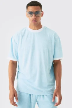 Oversized Extended Neck Contrast Towelling T-shirt | BoohooMAN UK