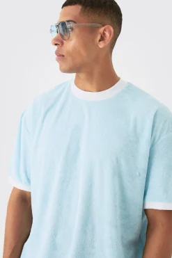 Oversized Extended Neck Contrast Towelling T-shirt | BoohooMAN UK