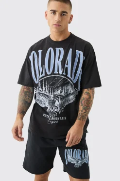 Oversized Extended Neck Colorado Large Graphic Shorts Set | BoohooMAN UK