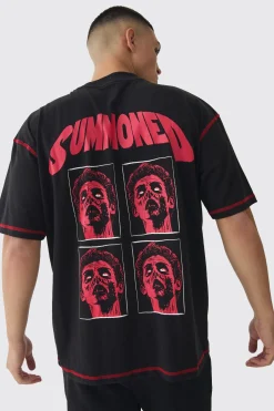 Oversized Extended Neck Contrast Stitch Summoned Print T-Shirt | BoohooMAN UK