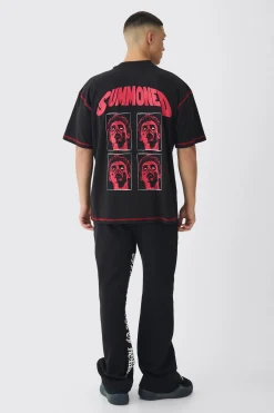 Oversized Extended Neck Contrast Stitch Summoned Print T-Shirt | BoohooMAN UK