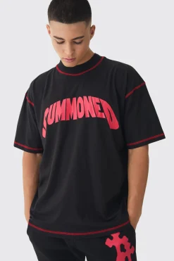 Oversized Extended Neck Contrast Stitch Summoned Print T-Shirt | BoohooMAN UK