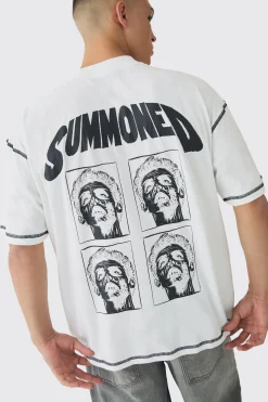 Oversized Extended Neck Contrast Stitch Summoned Print T-Shirt | BoohooMAN UK
