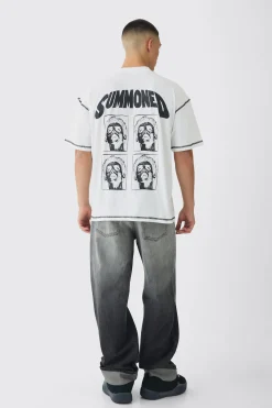 Oversized Extended Neck Contrast Stitch Summoned Print T-Shirt | BoohooMAN UK
