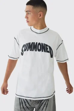 Oversized Extended Neck Contrast Stitch Summoned Print T-Shirt | BoohooMAN UK