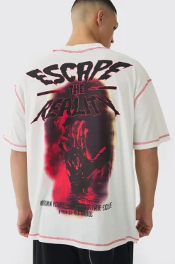 Oversized Extended Neck Contrast Stitch Graphic Print T-Shirt | BoohooMAN UK
