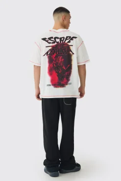 Oversized Extended Neck Contrast Stitch Graphic Print T-Shirt | BoohooMAN UK