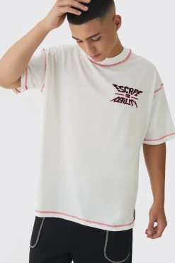 Oversized Extended Neck Contrast Stitch Graphic Print T-Shirt | BoohooMAN UK