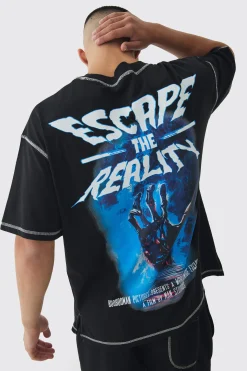 Oversized Extended Neck Contrast Stitch Graphic Print T-Shirt | BoohooMAN UK