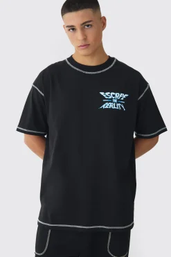 Oversized Extended Neck Contrast Stitch Graphic Print T-Shirt | BoohooMAN UK