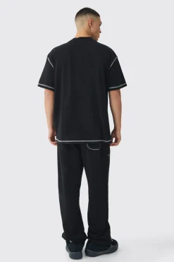 Oversized Extended Neck Contrast Stitch Graphic T-Shirt | BoohooMAN UK