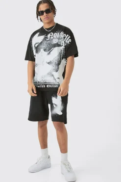 Oversized Extended Neck Doves Large Graphic Shorts Set | BoohooMAN UK