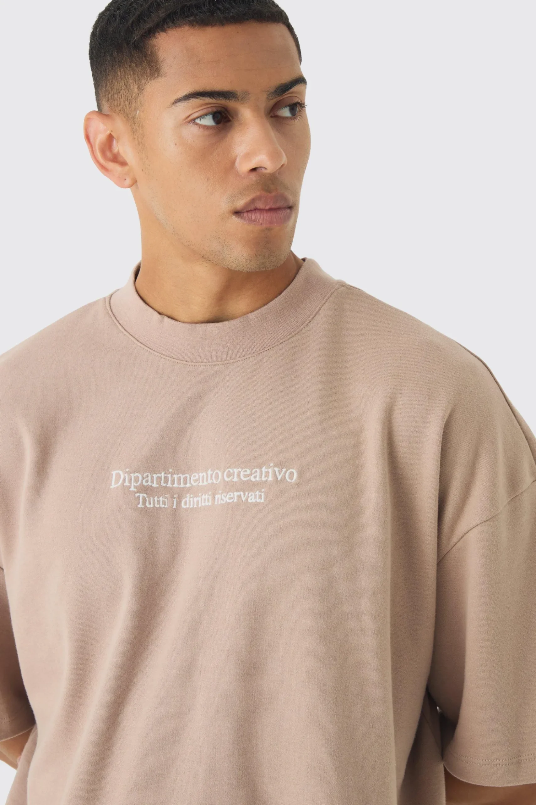 Oversized Extended Neck Embroidered Heavy Interlock T-shirt | BoohooMAN UK