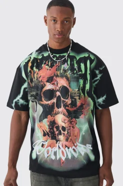 Oversized Extended Neck Extreme Skull Graphic T-shirt | BoohooMAN UK