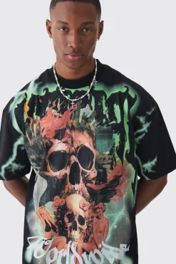 Oversized Extended Neck Extreme Skull Graphic T-shirt | BoohooMAN UK