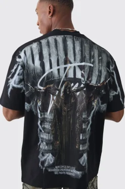 Oversized Extended Neck Extreme Gothic Back Graphic T-shirt | BoohooMAN UK