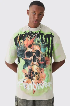 Oversized Extended Neck Extreme Skull Graphic T-shirt | BoohooMAN UK