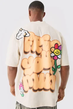 Oversized Extended Neck Flower Puff Print Distressed T-shirt | BoohooMAN UK