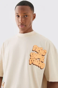 Oversized Extended Neck Flower Puff Print Distressed T-shirt | BoohooMAN UK