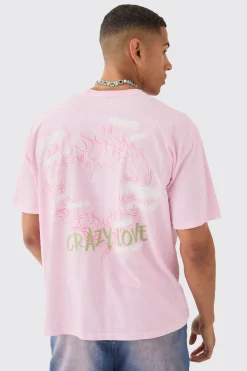 Oversized Extended Neck Flame Heart Wash Back Print T-shirt | BoohooMAN UK
