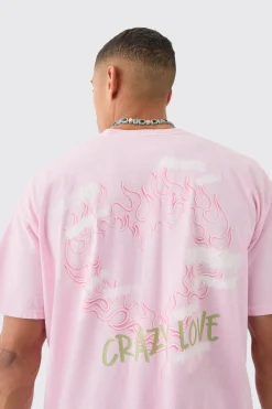 Oversized Extended Neck Flame Heart Wash Back Print T-shirt | BoohooMAN UK