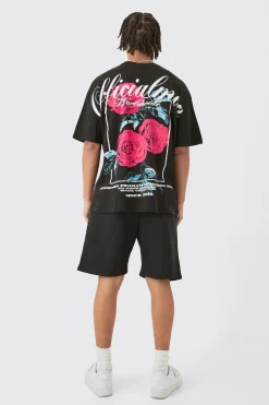 Oversized Extended Neck Floral Large Graphic Shorts Set | BoohooMAN UK