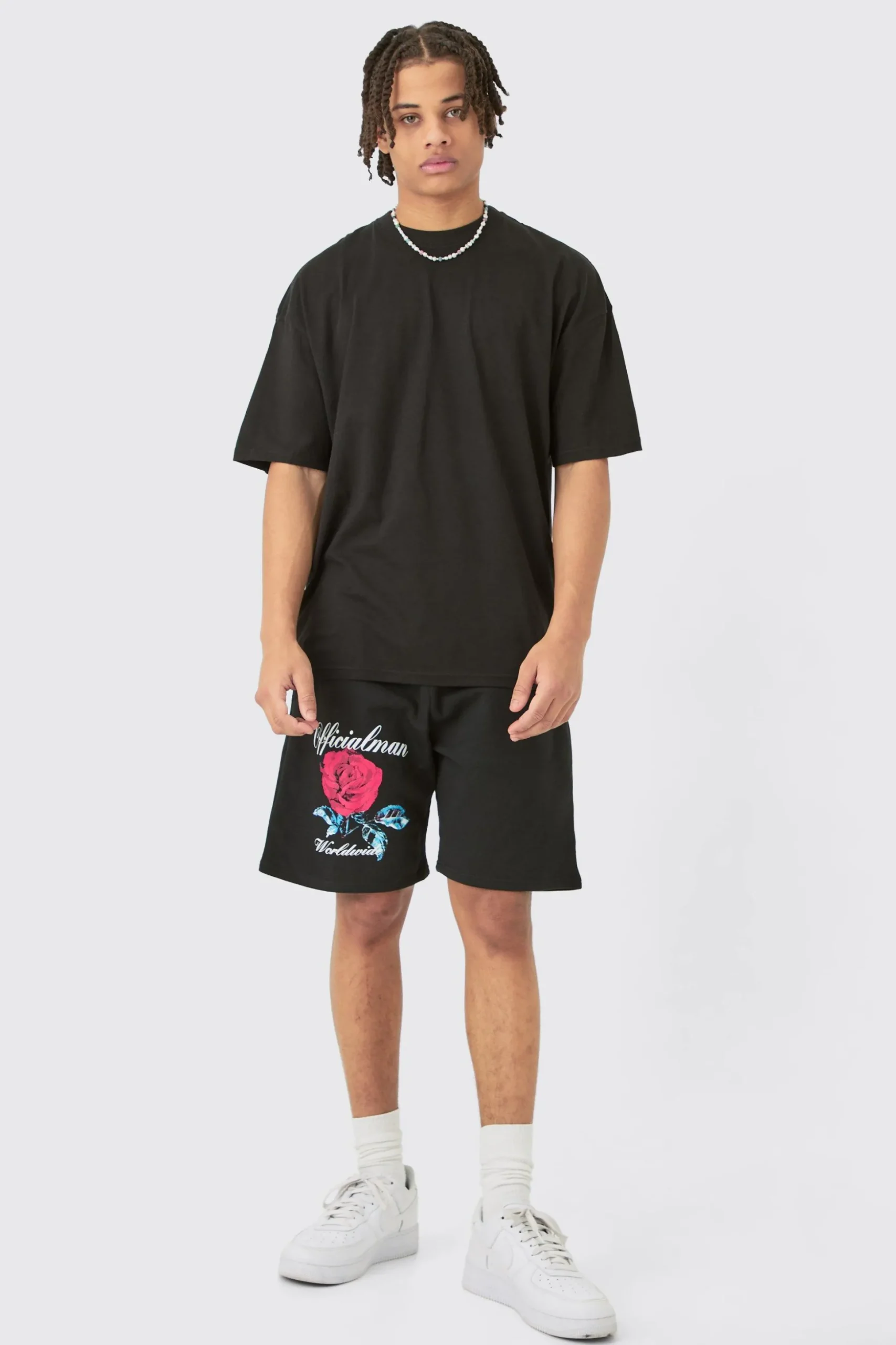 Oversized Extended Neck Floral Large Graphic Shorts Set | BoohooMAN UK