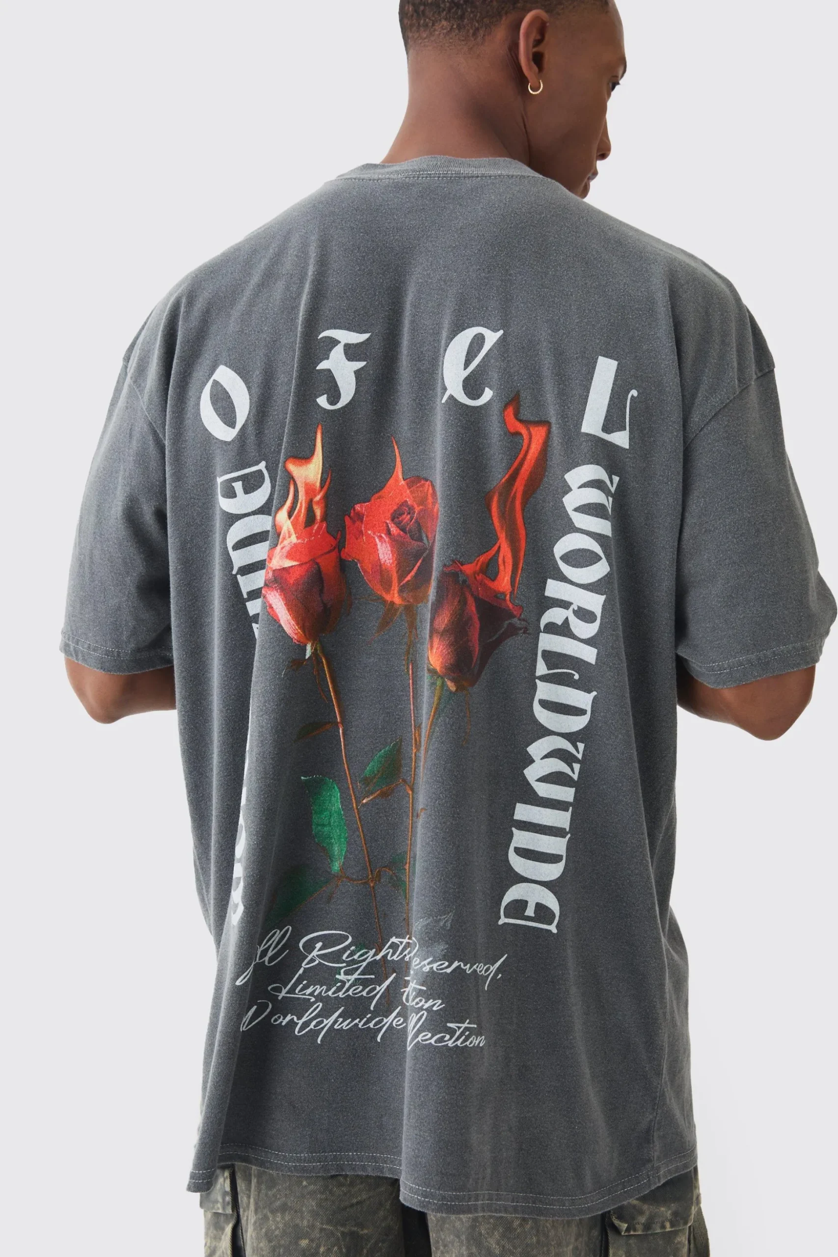 Oversized Extended Neck Flame Rose Print Washed T-shirt | BoohooMAN UK