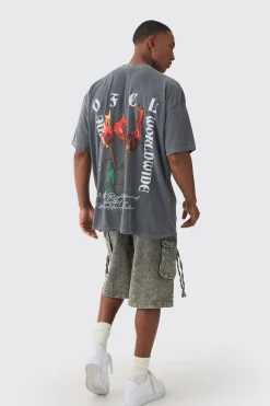 Oversized Extended Neck Flame Rose Print Washed T-shirt | BoohooMAN UK