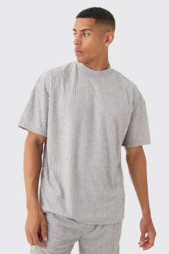 Oversized Extended Neck Geo Towelling Jacquard T-shirt | BoohooMAN UK